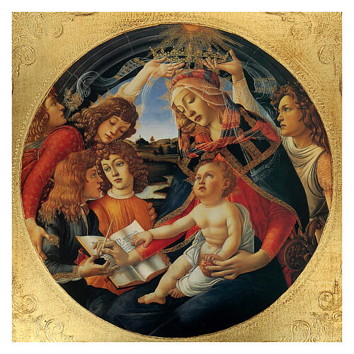 Madonna of the Magnificat by Botticelli, printing on gilded wood, 30x34x3 in 2