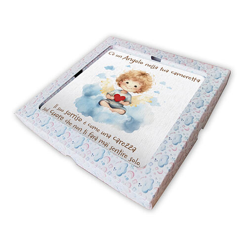 Quadro em madeira anjo com coração caixa de presente 20x20 cm 2