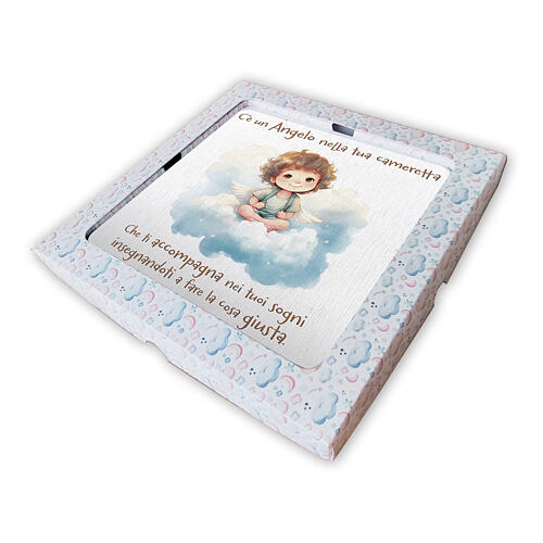 Kleines Bild fürs Kinderzimmer, sitzender Engel auf Wolke – mit italienischer Inschrift, 20 x 20 cm 2