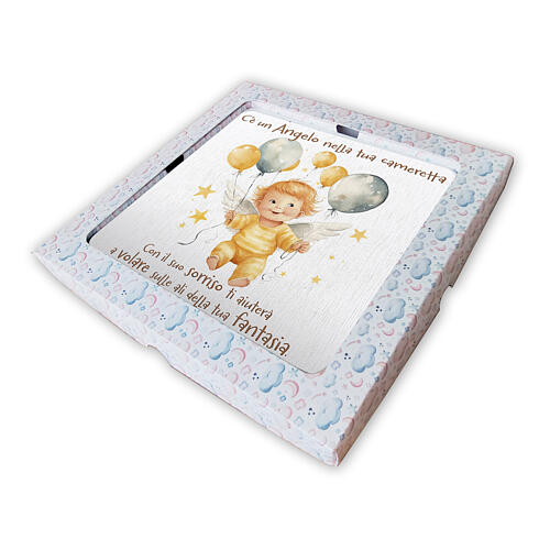 Wooden picture with child angel and balloons in gift box, 8x8 in 2