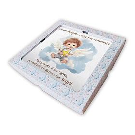 Wooden picture with angel holding a star in gift box, 8x8 in