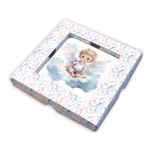 Blond angel sitting on a cloud with box, 10x10 cm 2