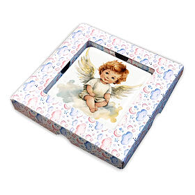 Cuadrito ángel sentado en nube caja regalo 10x10 cm