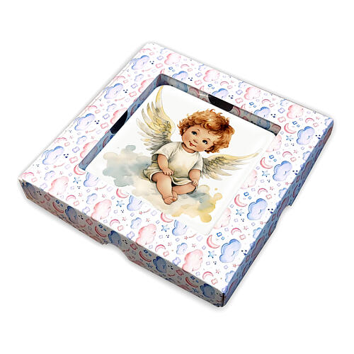 Tableau ange assis sur nuage boîte cadeau 10x10 cm 2