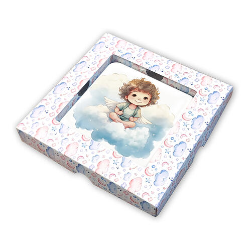 Wooden picture of angel sitting with crossed legs, gift box, 4x4 in 2