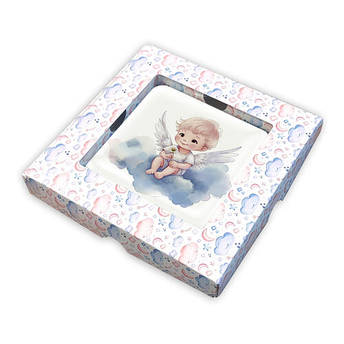 Quadro de madeira anjinho com flor caixa de presente 10x10 cm 2