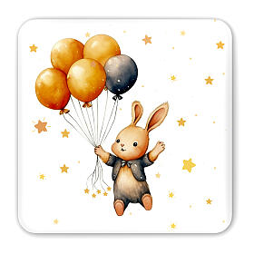 Tableau petit lapin avec ballons et boîte cadeau 10x10 cm