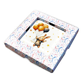 Tableau petit lapin avec ballons et boîte cadeau 10x10 cm