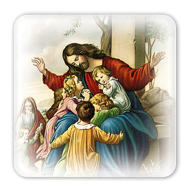 Jésus avec les enfants tableau en bois avec boîte cadeau 10x10 cm