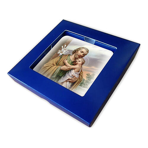 Tableau bois Saint Joseph et Enfant Jésus avec boîte cadeau 10x10 cm 2