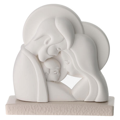 Relief Heilige Familie aus weißem Kunstharz, 10x10 cm, mit Sockel 1