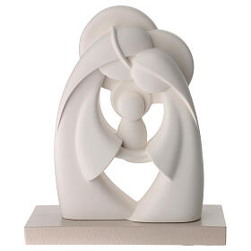 Stylized Holy Family statue in white resin on a base, 24x18 cm