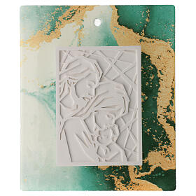 Glass picture of the Holy Family, marbled green and gold, 7x6 in