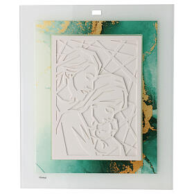 Glass picture with resin Holy Family bas-relief, geometric and marbled patterns, 13x11 in