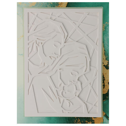 Glass picture with resin Holy Family bas-relief, geometric and marbled patterns, 13x11 in 2