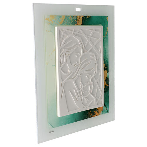 Glass picture with resin Holy Family bas-relief, geometric and marbled patterns, 13x11 in 3