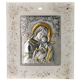 Ikone Madonna der Zärtlichkeit, Bilaminat Silber, Muranoglas 28x24 cm