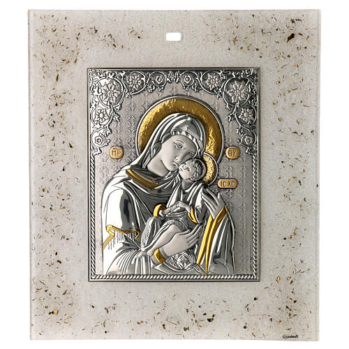 Ikone Madonna der Zärtlichkeit, Bilaminat Silber, Muranoglas 28x24 cm 1