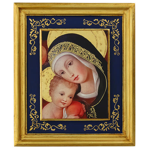 Detail of the Lenti Madonna by Crivelli, 38x32 cm, retouch finish with blue frame, Bottega Tifernate 1