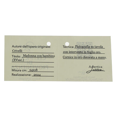 Detail of the Lenti Madonna by Crivelli, 38x32 cm, retouch finish with blue frame, Bottega Tifernate 4