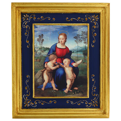 Madonna of the Goldfinch by Raphael with blue frame, retouch finish, 15x13 in, Bottega Tifernate 1