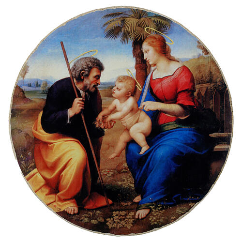 Holy Family with a Palm Tree by Raphael, 9 in diameter, retouch finish, Bottega Tifernate 1