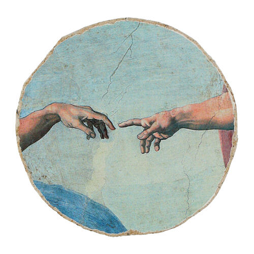 Creation of Adam, Michelangelo, detail on a circle, essential finish, Bottega Tifernate, d. 2.5 in 1