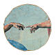 Creation of Adam, Michelangelo, detail on a circle, essential finish, Bottega Tifernate, d. 2.5 in s1