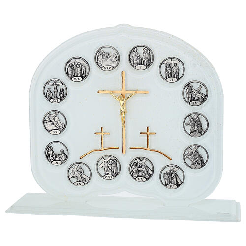 White glass Way of the Cross sculpture with golden cross, 10x3x8 in 1