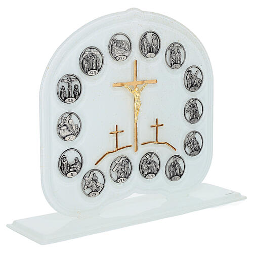 White glass Way of the Cross sculpture with golden cross, 10x3x8 in 5