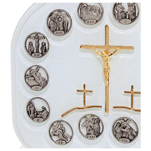 White glass Way of the Cross sculpture with golden cross, 10x3x8 in 6