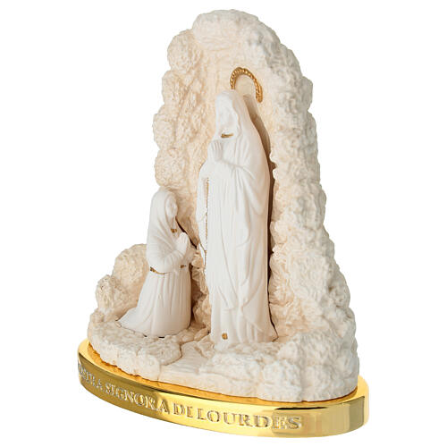 Virgen de Lourdes con cueva base oro ovalada 14x12 cm 3