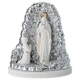 Virgen de Lourdes con cueva plateada base ovalada 14x12 cm