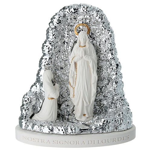 Nossa Senhora de Lourdes com gruta prateada base oval 14x12 cm 1