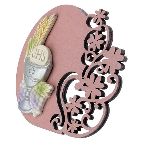 Quadro cálice, hóstia JHS, espigas e uvas em madeira cor-de-rosa 9 cm 2