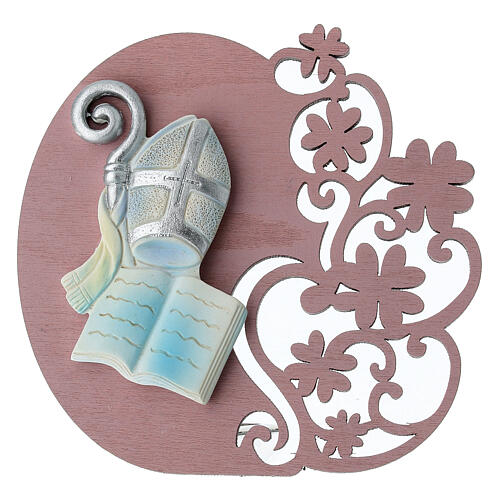 Obrazek z mitrą, Biblią i pastorałem, różowe drewno, 8 cm 1