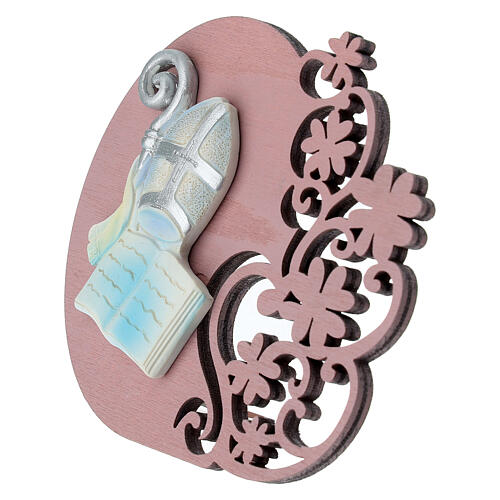 Obrazek z mitrą, Biblią i pastorałem, różowe drewno, 8 cm 2