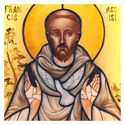 St. Francis of Assisi icon with dove in coloured glass 2