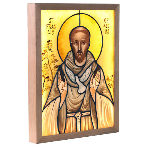 Icona illuminata San Francesco d'Assisi con colomba vetro colorato 45x35 cm 3