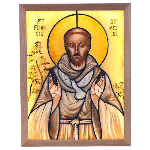 Icon Saint Francis of Assisi with colored glass dove 1