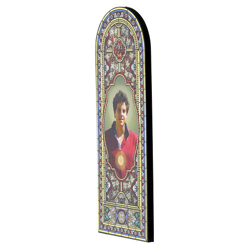 Ikona drewniana w stylu witrażu, złota ramka 30×10 cm, święty Karol Acutis 2