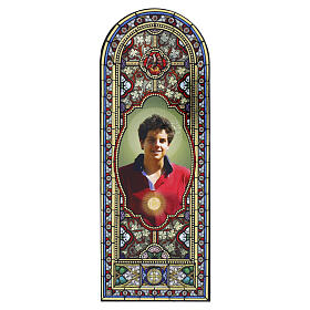 Saint Carlo Acutis wooden icon with stained-glass effect and gold-colored frame, 30x10 cm