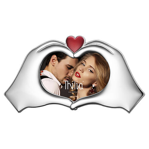 Cornice Thilia 15x30cm in MDF alluminio e vetro con mani a cuore e cuore rosso 1