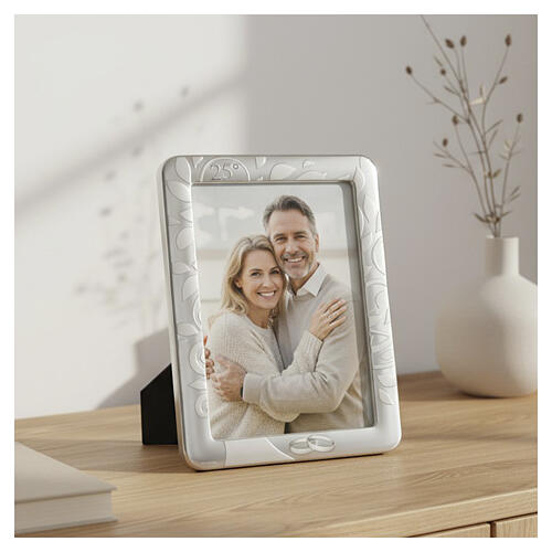 Porta-retrato Thilia 15x10 cm Bodas de Prata folhas acetinadas com gravação 25 e alianças 2