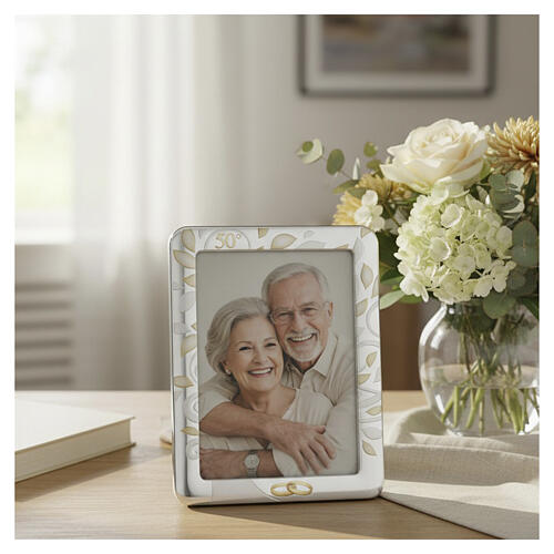 Thilia Picture Frame Bicolor Leaves "50" Anniversary Engraving and Gold Wedding Rings, 24x18 cm 2