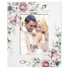 Cornice Thilia 18x13cm fondo bianco decorazione floreale foglie in rilievo