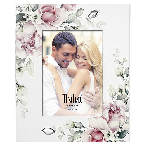 Cornice Thilia 18x13cm fondo bianco decorazione floreale foglie in rilievo 1