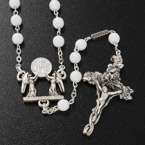 Ghirelli rosary, white Bohemia glass, IHS angels 6mm 2