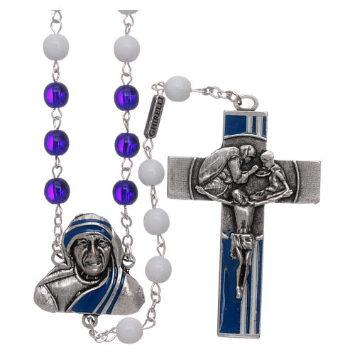 Chapelet Mère Teresa perles verre bleu 6 mm 1