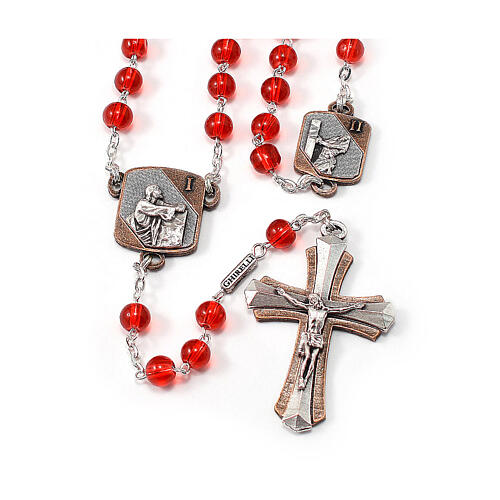 Red glass rosary 6mm Ghirelli Sorrowful Mysteries English 1